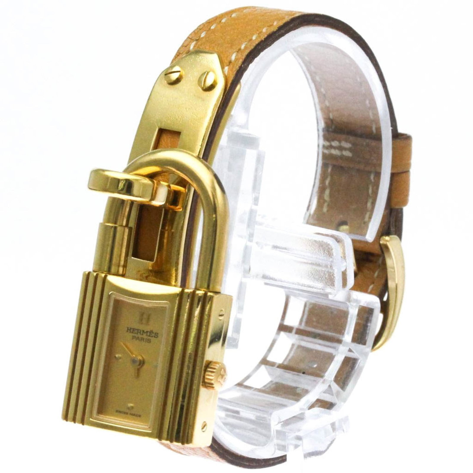Watch Wrist Hermes: Watch Wrist Hermes Gold plated case with a classic 20mm diameter, this Hermes wristwatch features a gold dial and a high-quality leather band. The watch has been used and shows some signs of wear, inc