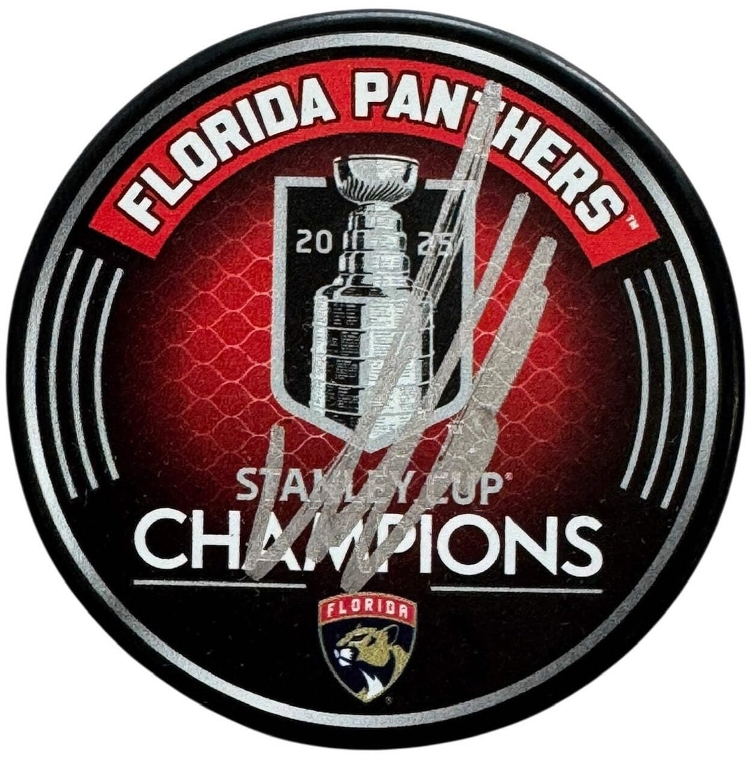 Stanley Cup Champions Official Puck JSA Witness Aleksander Barkov Signed: Stanley Cup Champions Official Puck JSA Witness Aleksander Barkov Signed Aleksander Barkov's silver paint pen signature adds authenticity to this official Stanley Cup Champions puck, bearing witness