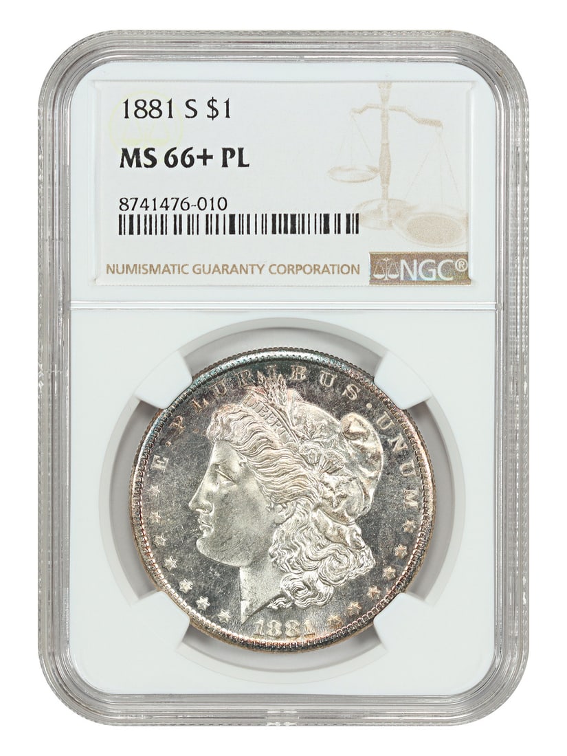 MS66 Plus PL Morgan Dollar 1881-S: MS66 Plus PL Morgan Dollar 1881-S The MS66 Plus PL Morgan Dollar 1881-S boasts exceptional condition with a high-grade PL designation, indicating its near-perfect state of preservation. This