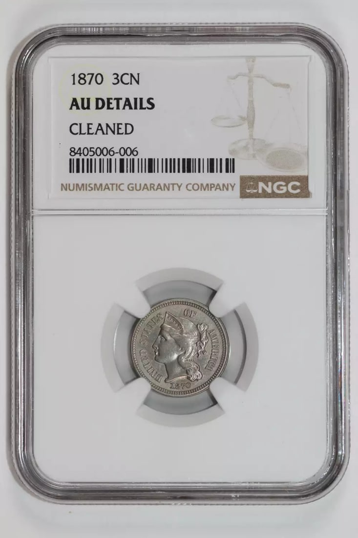 THREE CENT NICKEL AU DETAILS: THREE CENT NICKEL AU DETAILS Three Cent Nickel AU Details - A 1870 Circulated Coin with Distinctive Features. This NGC-certified coin showcases its original details, including worn edges and subtle im