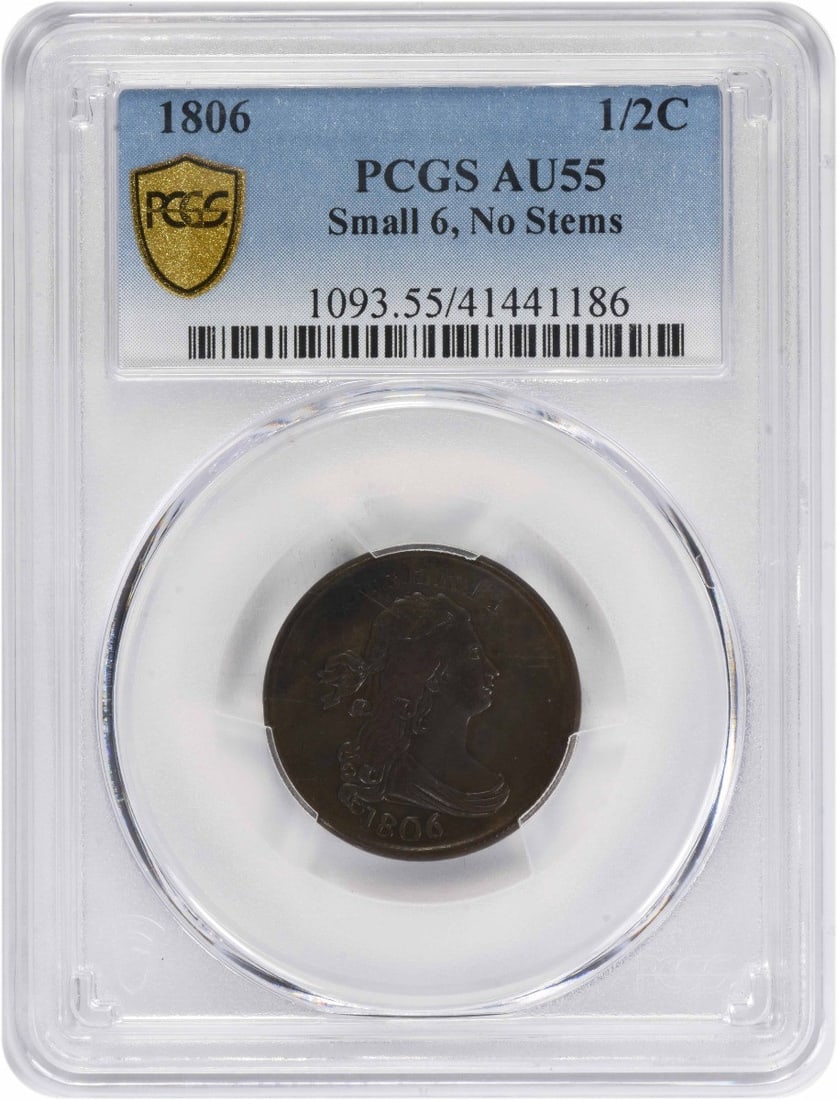 Half Cent AU55 PCGS: Half Cent AU55 PCGS The Half Cent AU55 PCGS is an early American coin featuring Robert Scot's iconic Draped Bust design. Certified by PCGS as Circulated and graded AU55, this copper half cent weighs