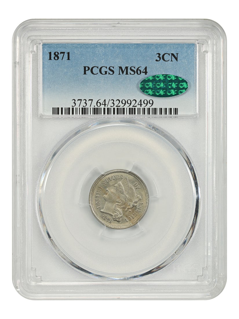 Three Cent Nickel MS64: Three Cent Nickel MS64 This 1871 Three Cent Nickel MS64 coin features a high-grade strike and is certified by PCGS. With its uncirculated condition and Philadelphia mint mark, this coin offers a rare