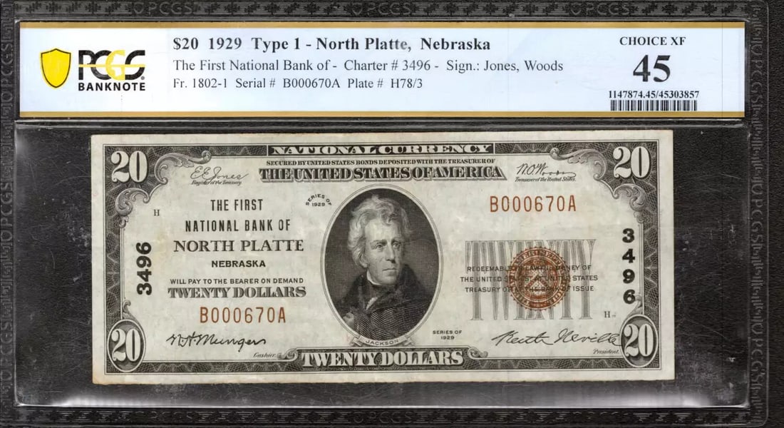 NORTH PLATTE NEBRASKA PCGS B XF EF 45 $20 FIRST NATIONAL BANKNOTE CURRENCY 1929: NORTH PLATTE NEBRASKA PCGS B XF EF 45 $20 FIRST NATIONAL BANKNOTE CURRENCY 1929 Exceptional 45 20 1929 available for auction. Review complete item specifications below for detailed information. Item
