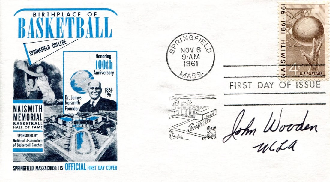 John Wooden UCLA autographed first day cover 1961 November: John Wooden UCLA autographed first day cover 1961 November Authentic first day cover from November 6th, 1961, signed in black pen across the front of the cover with an inscription reading "UCLA",
