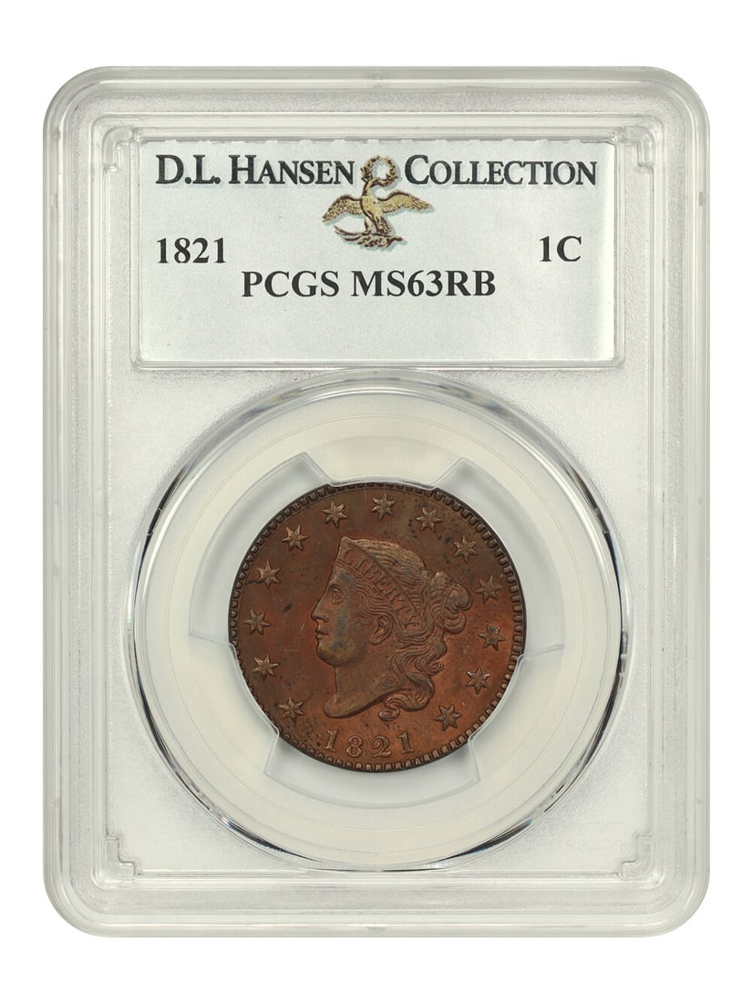 CPCSGM63RBE 1821EXDLHANSEN: CPCSGM63RBE 1821EXDLHANSEN The CPCSGM63RBE 1821EXDLHANSEN is an uncirculated 1821 Coronet Head Cent graded 63 by PCGS. This rare coin features the iconic design of James Barton Longacre's coronet