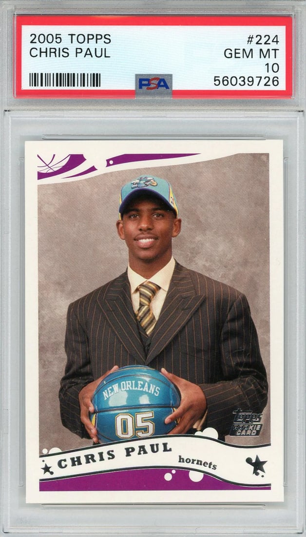 Paul Chris 2005 PSA Topps Card Rookie #224: Paul Chris 2005 PSA Topps Card Rookie #224 GemMint 10 graded and slabbed by PSA, this 2005 Topps card features Chris Paul's rookie debut. The PSA authentication ensures its legitimacy, while the high 