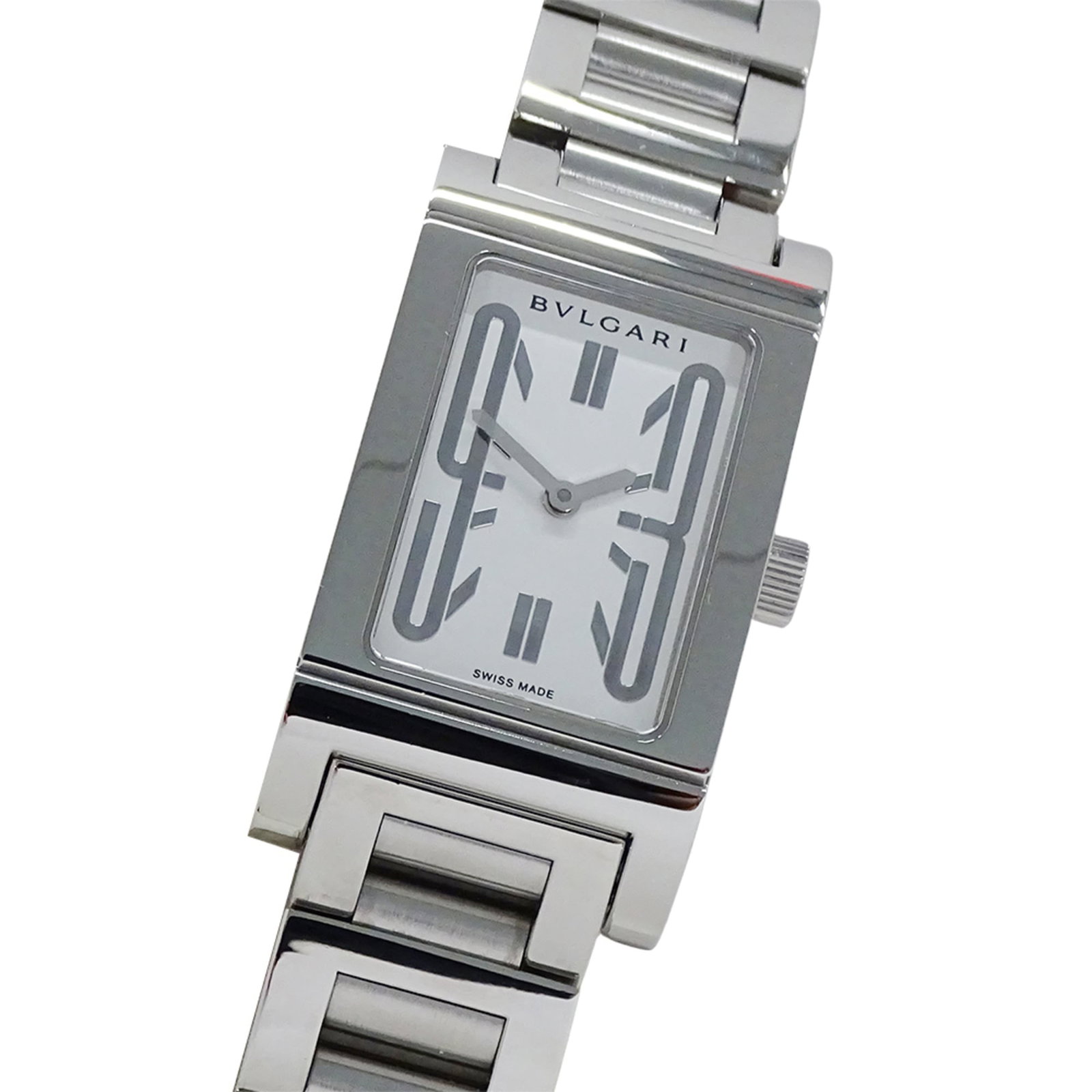 Bulgari Watch Wrist: Bulgari Watch Wrist Stainless steel case and band add an edgy touch to this Bulgari watch wrist. The white dial provides a sleek backdrop for its 21mm diameter and 17cm length, making it suitable for
