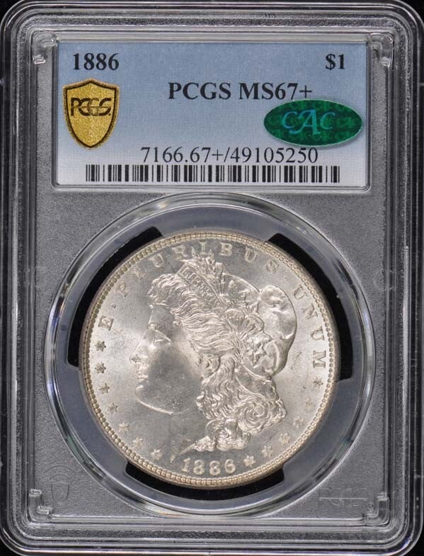 Morgan Dollar MS67+, CAC, Strict Rules Apply: Morgan Dollar MS67+, CAC, Strict Rules Apply The 1886 Philadelphia Morgan Dollar MS67+ CAC features a high level of detail and luster, with its PCGS certification number 49105250 serving as assurance 