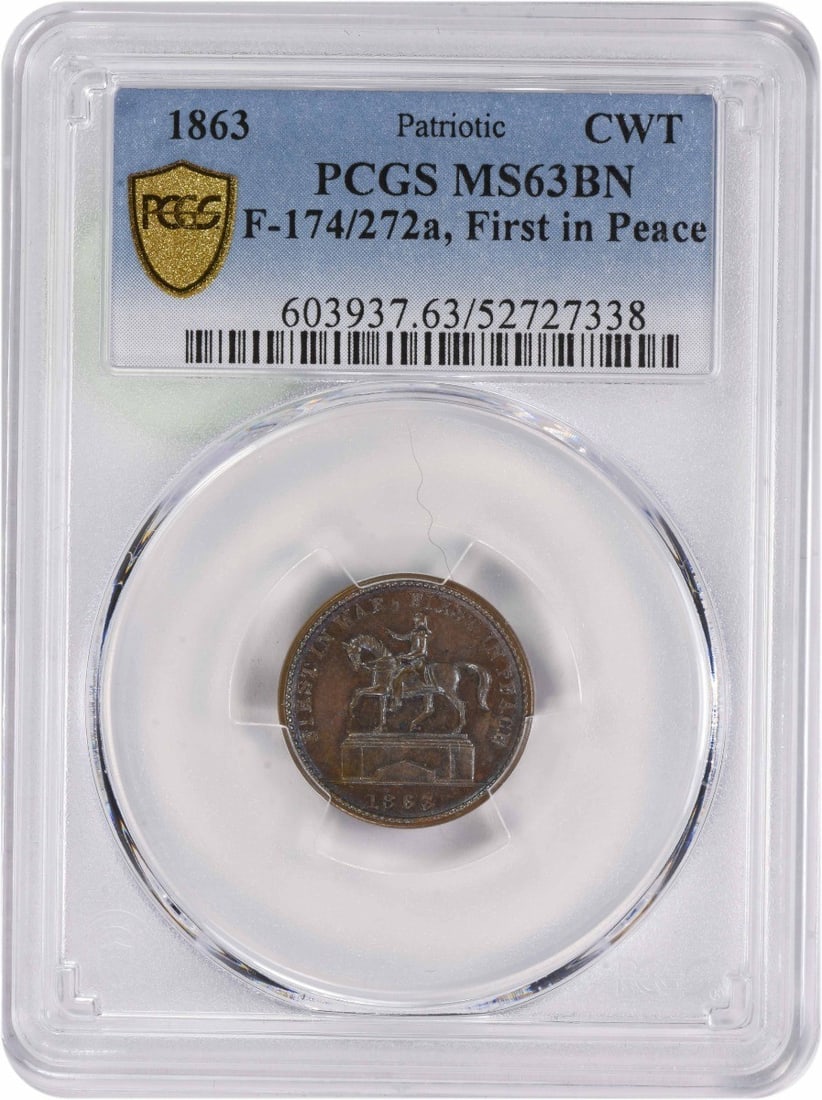 First in Peace Token of Patriotic Patriarchial MS63BN PCGS: First in Peace Token of Patriotic Patriarchial MS63BN PCGS This MS63BN PCGS First in Peace Token features a circulated copper composition and showcases a notable grade from the prestigious Professiona