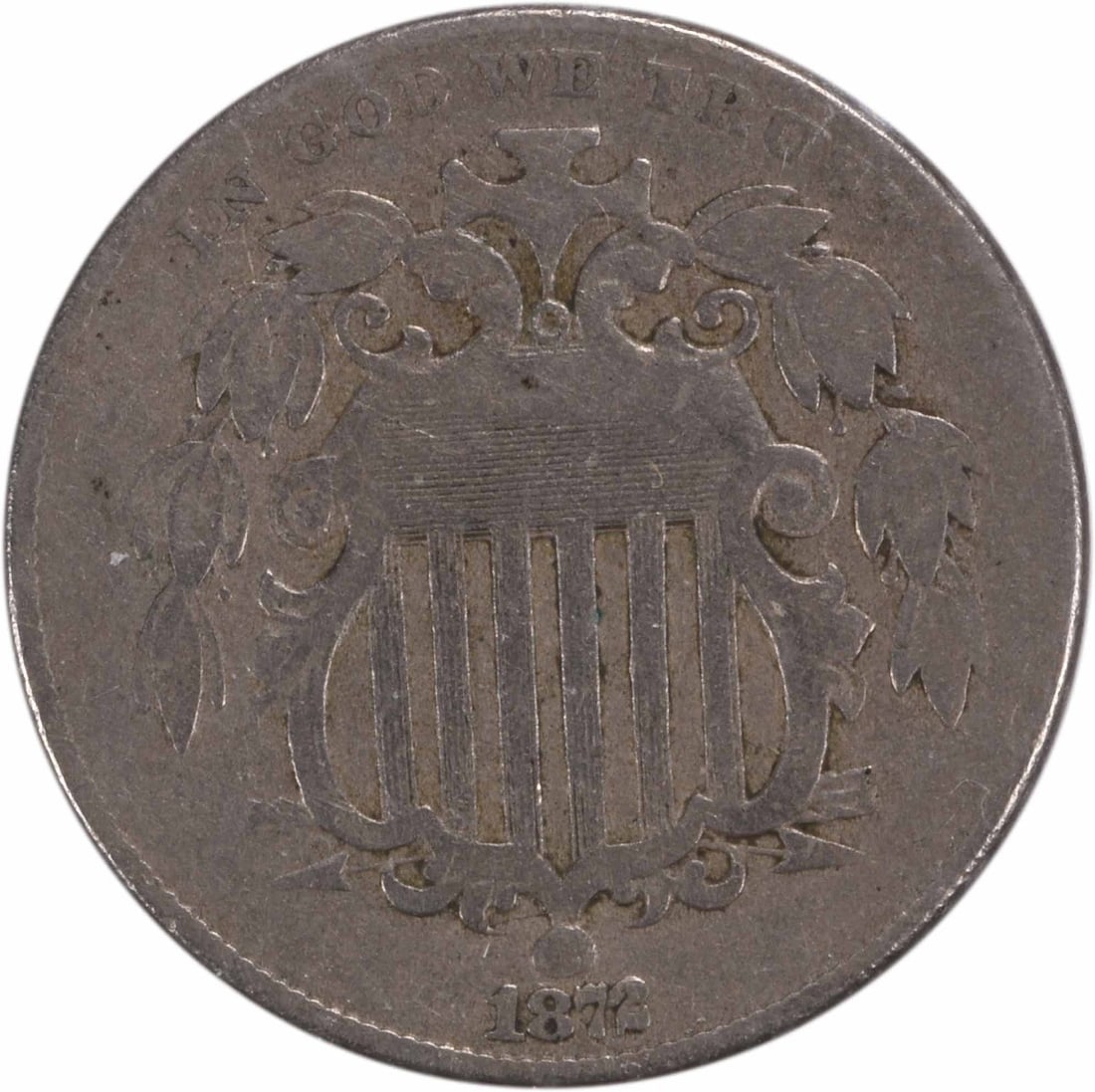 Shield Nickel 1872 DDO II: Shield Nickel 1872 DDO II Shield Nickel 1872 DDO II features a plain edge and a diameter of 20.50 millimeters, making it a distinctive coin in your collection. Certified as circulated, this 5-cent