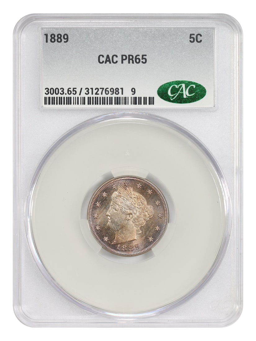Five Cent Liberty Nickel: Five Cent Liberty Nickel This 1889 Liberty Nickel is certified as Uncirculated and graded 65. The coin features a striking design with a PR strike type, minted in Philadelphia. Its CACG certification