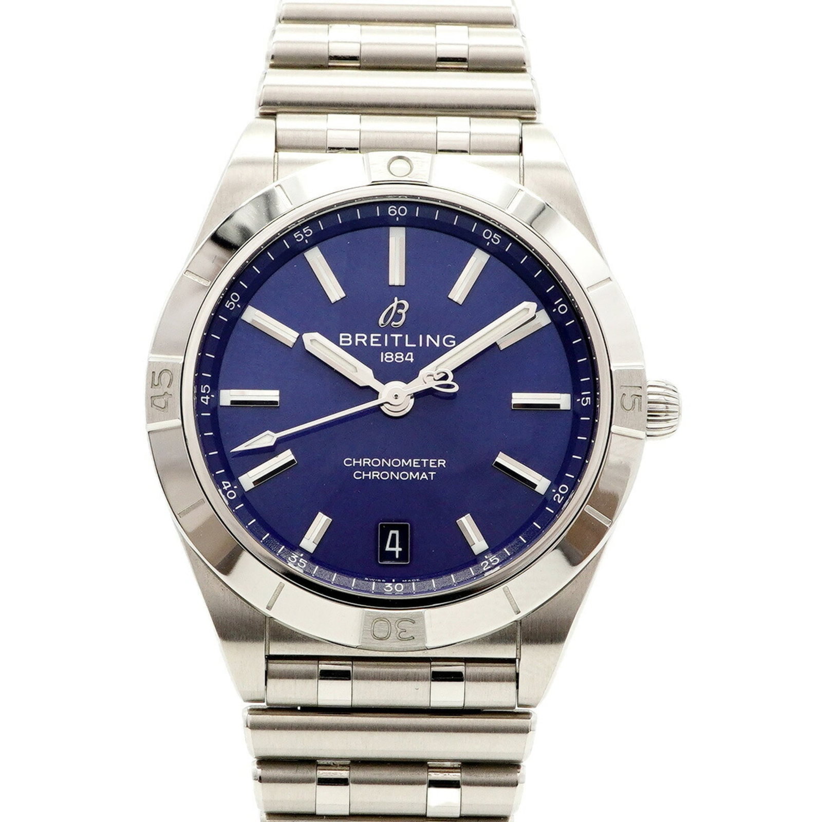 Strict Rules Wristwatch: Strict Rules Wristwatch Stainless steel band and navy case make for a sleek and timeless watch. This 36mm Breitling wristwatch features a few traces of usage, with some scratches and dirt visible, but