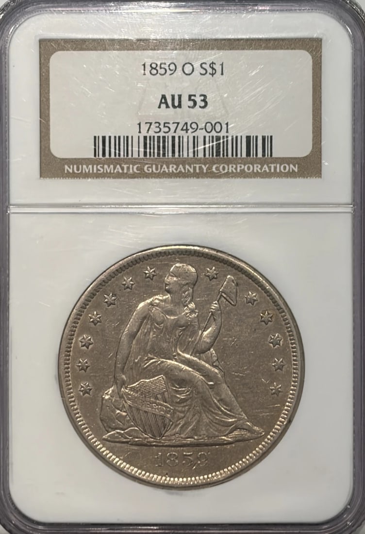 SEATED 1859 O DOLLAR NGC AU53: SEATED 1859 O DOLLAR NGC AU53 The SEATED 1859 O DOLLAR NGC AU53 features a striking design from the New Orleans mint, showcasing the iconic seated Liberty figure on the obverse and the eagle on the