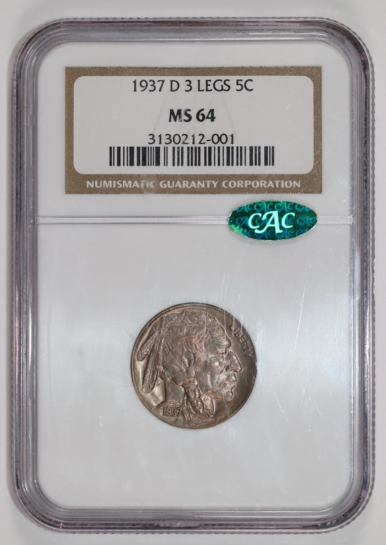 LEG 3 1937 D BUFFALO NICKEL THREE LEGS PQ: LEG 3 1937 D BUFFALO NICKEL THREE LEGS PQ The LEG 3 1937 D BUFFALO NICKEL THREE LEGS PQ is an uncirculated coin featuring a unique three-legged buffalo design. Certified by NGC and CAC, this MS 64