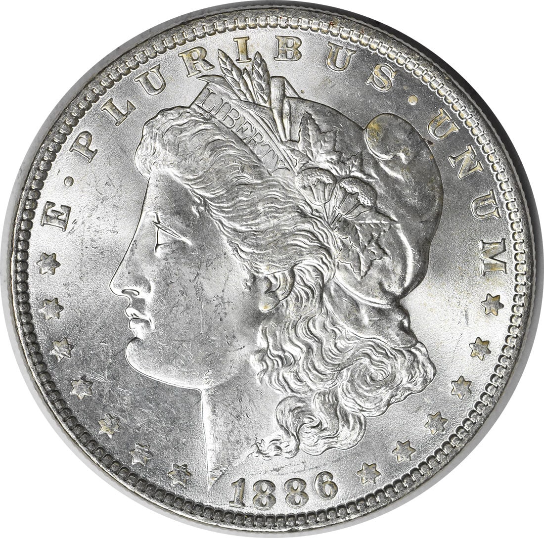 Morgan Silver Dollar Line Offer: Morgan Silver Dollar Line Offer The Morgan Silver Dollar Line Offer features an uncirculated 1886 $1 coin with a silver composition and no mint mark. This rare coin boasts a unique Km number of 110,