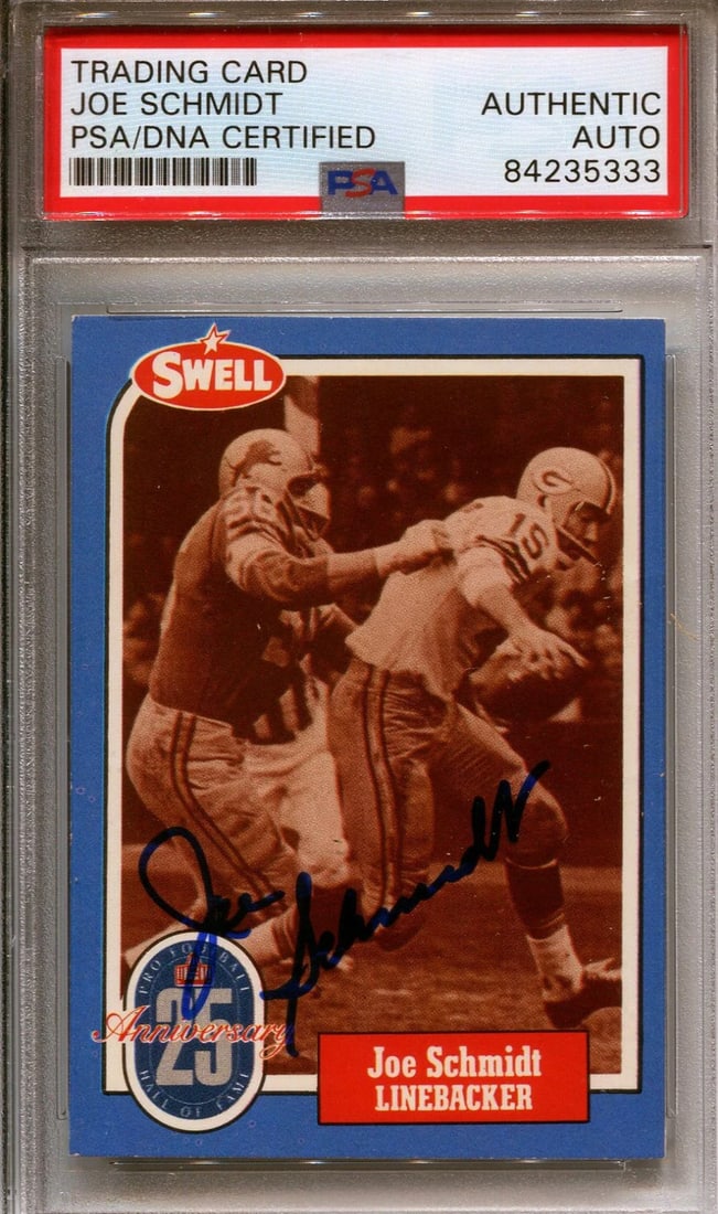 Football card autographed by greats Joe Schmidt and Swell PSA/ DNA: Football card autographed by greats Joe Schmidt and Swell PSA/ DNA Authentic Joe Schmidt and Swell football card signed in sharpie across the front. The Professional Sports Authenticator (PSA) has