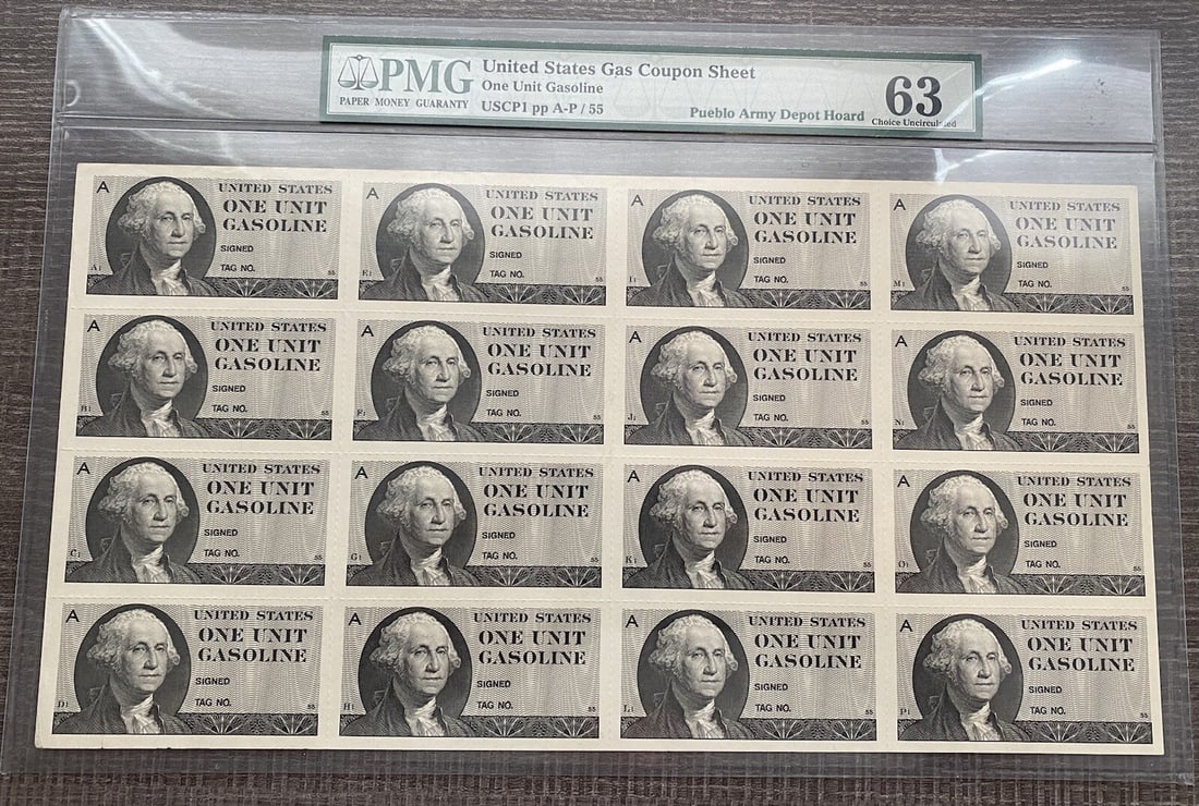 PMG CU63 UNCUT SHEET STATES UNITED GAS COUPONS 16 AVC (1 of 2)