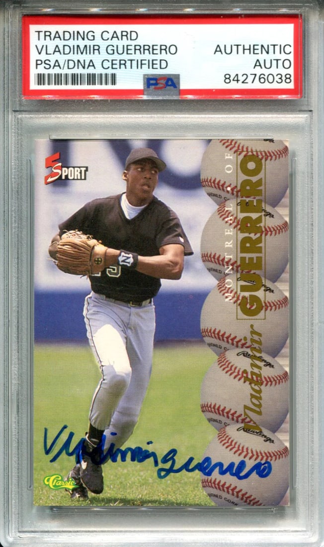 Vladimir Guerrero Autographed PSA 5 Classic 1995 Sport Card: Vladimir Guerrero Autographed PSA 5 Classic 1995 Sport Card Vladimir Guerrero's iconic 1995 Sport Card has been authenticated and graded by Professional Sports Authenticator (PSA) as a PSA 5 Classic. 