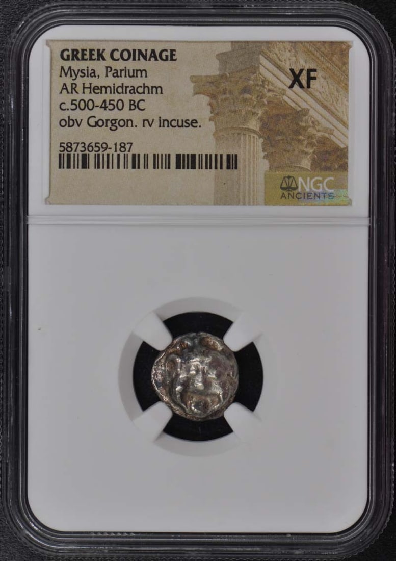 Greek AR Hemidrachm NGC XF45: Greek AR Hemidrachm NGC XF45 NGC XF45 Ancient Greek Hemidrachm coin with certification number 58736591887, bearing a notable signature. This rare and historically significant coin showcases exceptiona
