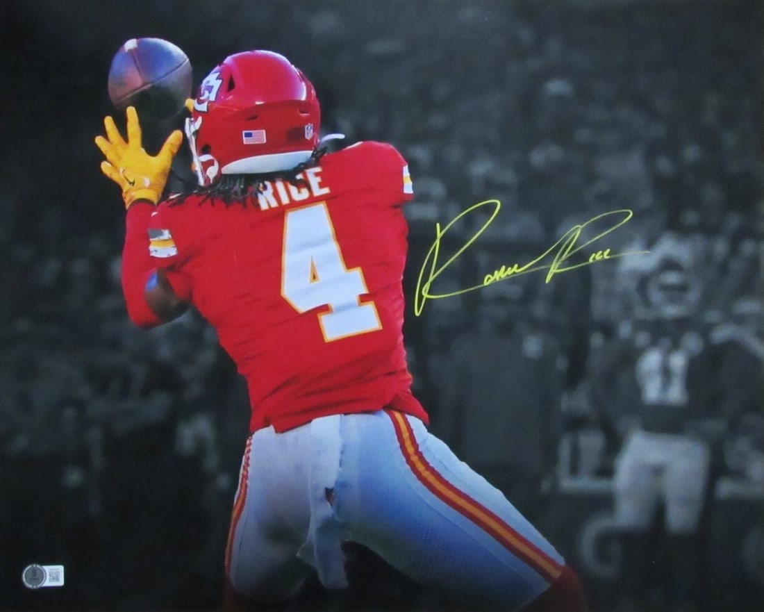 Kansas City Chiefs Autographed 16x20 Photo By Rashee: Kansas City Chiefs Autographed 16x20 Photo By Rashee Authentic Kansas City Chiefs photo signed by Rashee Rice, a notable player in NFL history. This 16x20 photo showcases Rashee's likeness and comes w