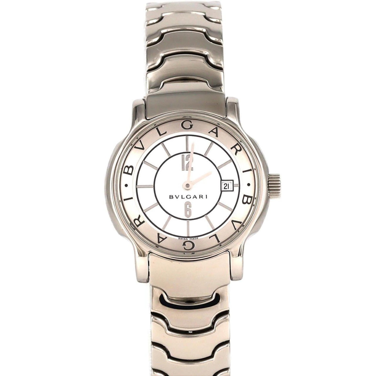 Bulgari Watch Wrist: Bulgari Watch Wrist Stainless steel case and band add a sleek touch to this Bulgari watch wrist, featuring a white dial. With its 29mm diameter and adjustable size of 14.5cm, this wrist fits comfortab
