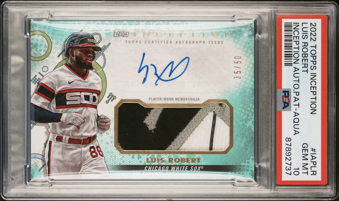 Luis Robert Patch Inception Aqua Auto Topps 50 Pop 1: Luis Robert Patch Inception Aqua Auto Topps 50 Pop 1 Luis Robert's impressive jumbo patch auto in Topps Inception Aqua Auto is a rare and unique addition to any baseball collection. This serial number