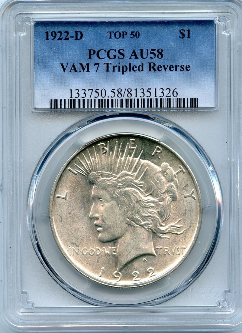 PCGS AU58 PEACE DOLLAR 1922 TOP LEAVES VAM TDR D 50: PCGS AU58 PEACE DOLLAR 1922 TOP LEAVES VAM TDR D 50 The PCGS AU58 Peace Dollar 1922 Top Leaves VAM TDR D 50 is a circulated example of this iconic coin, featuring its distinctive top leaves design. Ce