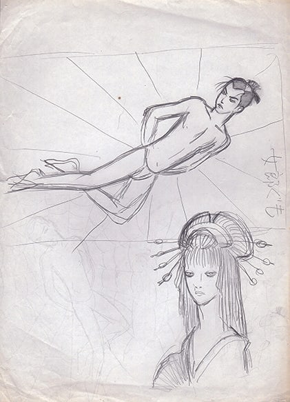 Spider Woman Sketch Art by Rune Naito Original 5x26cm Pencil Drawing: Spider Woman Sketch Art by Rune Naito Original 5x26cm Pencil Drawing Rune Naito's Spider Woman sketch art is a captivating Japanese pencil drawing on paper, measuring 5x26cm. The artwork showcases