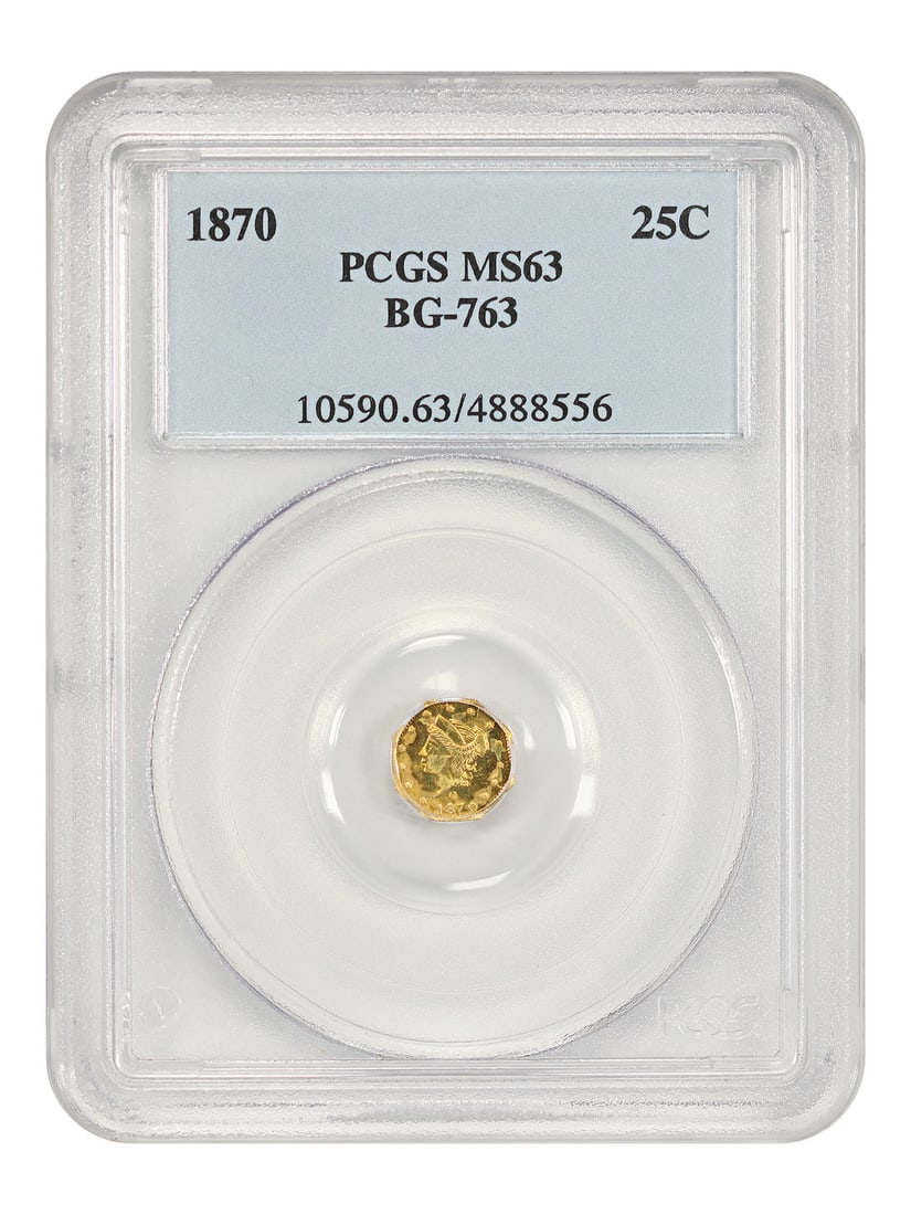 California Fractional Gold 1870 25C PCGS MS63: California Fractional Gold 1870 25C PCGS MS63 California Fractional Gold 1870 25C PCGS MS63 - A Rare and Highly Detailed Piece of American History. This uncirculated 1870 California Fractional Gold