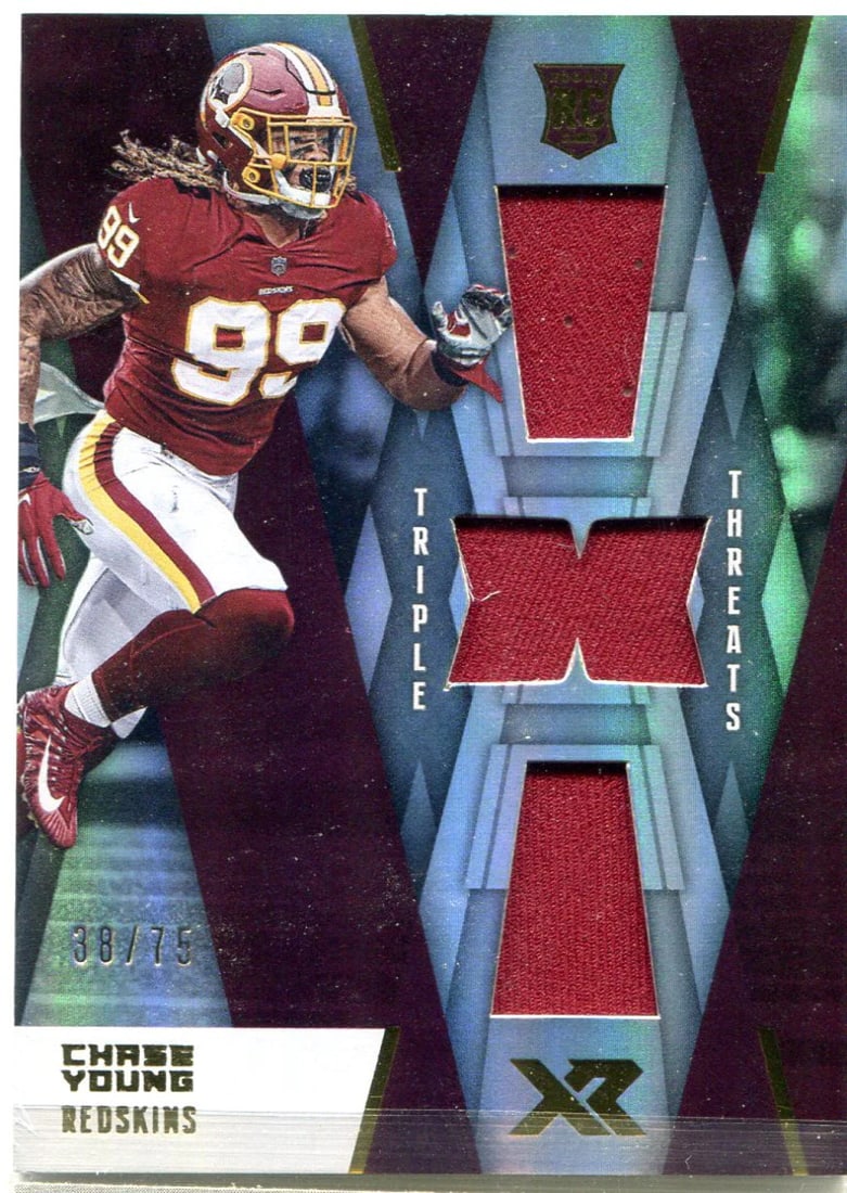 Chase Young 2020 Panini XR Patch Jersey Card Number: Chase Young 2020 Panini XR Patch Jersey Card Number Chase Young's 2020 Panini XR Triple Patch Jersey Card #38/75 features a unique triple patch design on the jersey, showcasing the player's iconic