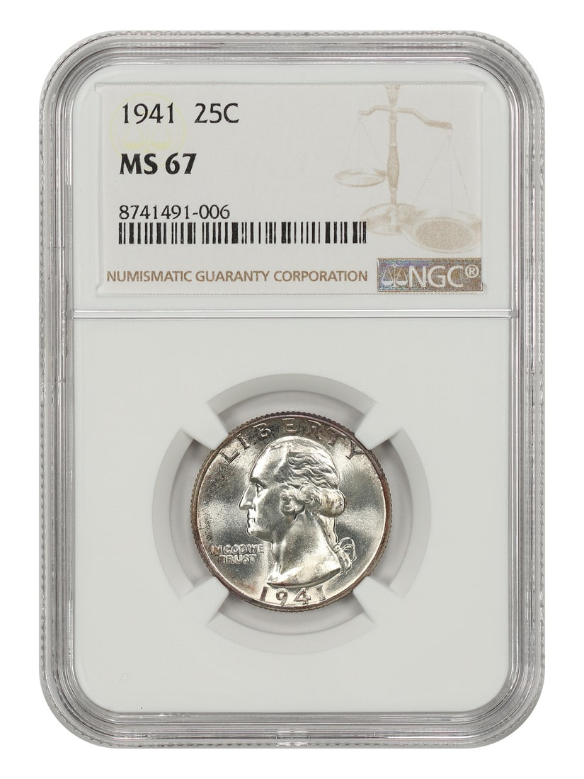MS67 25C washington quarter: MS67 25C washington quarter MS67 1941 Washington Quarter: A stunning example of mint state quality, this coin boasts an exceptionally high grade of 67 from the Numismatic Guaranty Corporation (NGC).