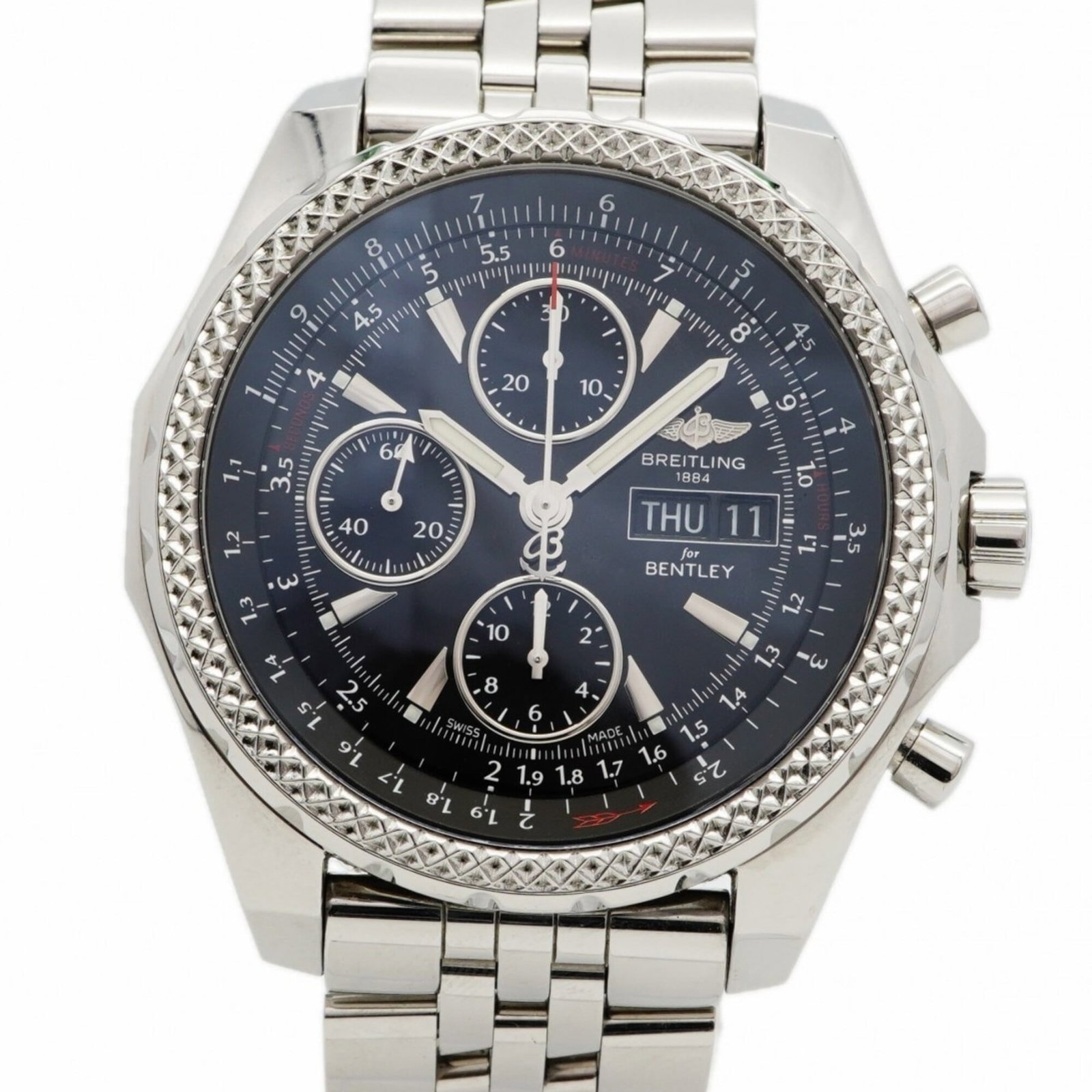 Strict Rules Wristwatch: Strict Rules Wristwatch Stainless steel band and black dial make this Breitling wristwatch a sleek accessory for any occasion. With its 45.3mm case diameter and 17.5cm length, it suits wrists of up to