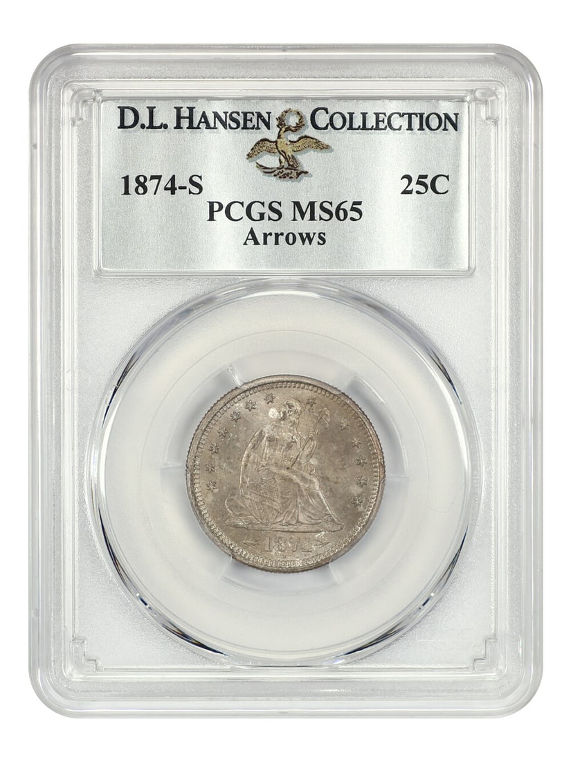 PCGS MS65 1874-S Arrows 25C exD.L.Hansen: PCGS MS65 1874-S Arrows 25C exD.L.Hansen The PCGS MS65 1874-S Arrows 25C exD.L.Hansen is an uncirculated twenty-cent coin from 1874, certified by the Professional Coin Grading Service (PCGS) with a