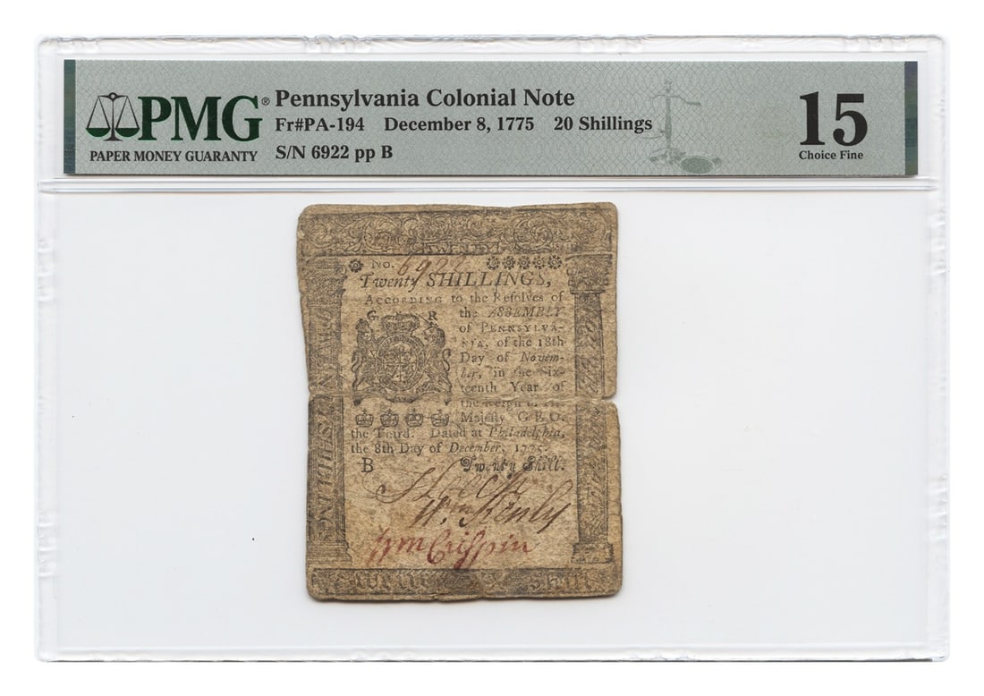 Colonial Pennsylvania Note FR PA-170 Oct 1 1773 Stains Shillings 50 VF25 PMG: Colonial Pennsylvania Note FR PA-170 Oct 1 1773 Stains Shillings 50 VF25 PMG Circulated Colonial Pennsylvania Note from October 1, 1773, featuring Shillings with a VF25 grade and PMG certification.