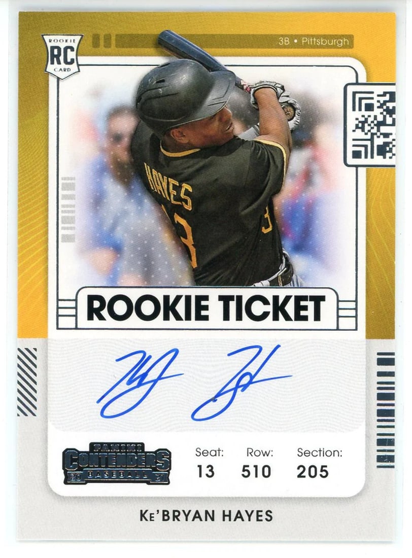Hayes KeBryan Autographed 2021 Contenders Rookie Card: Hayes KeBryan Autographed 2021 Contenders Rookie Card Ke'Bryan Hayes Autographed Rookie Card #140. This 2021 Panini Contenders card features a factory-signed blue sharpie across the front, bearing