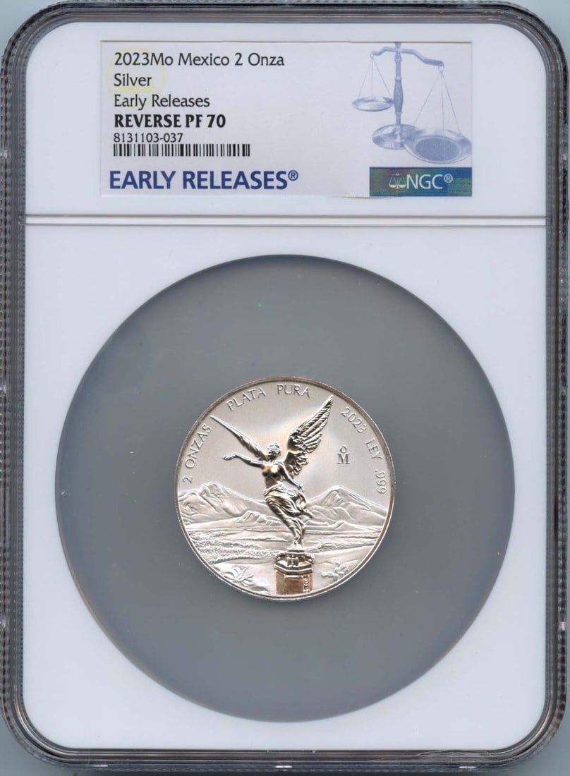 Silver releases on 2 oz mexico early 2023 rp70 ngc: Silver releases on 2 oz mexico early 2023 rp70 ngc Uncirculated 2023 RP70 Mexico Silver Coin with NGC Certification. This PR70 graded coin features a high level of detail and luster, showcasing its