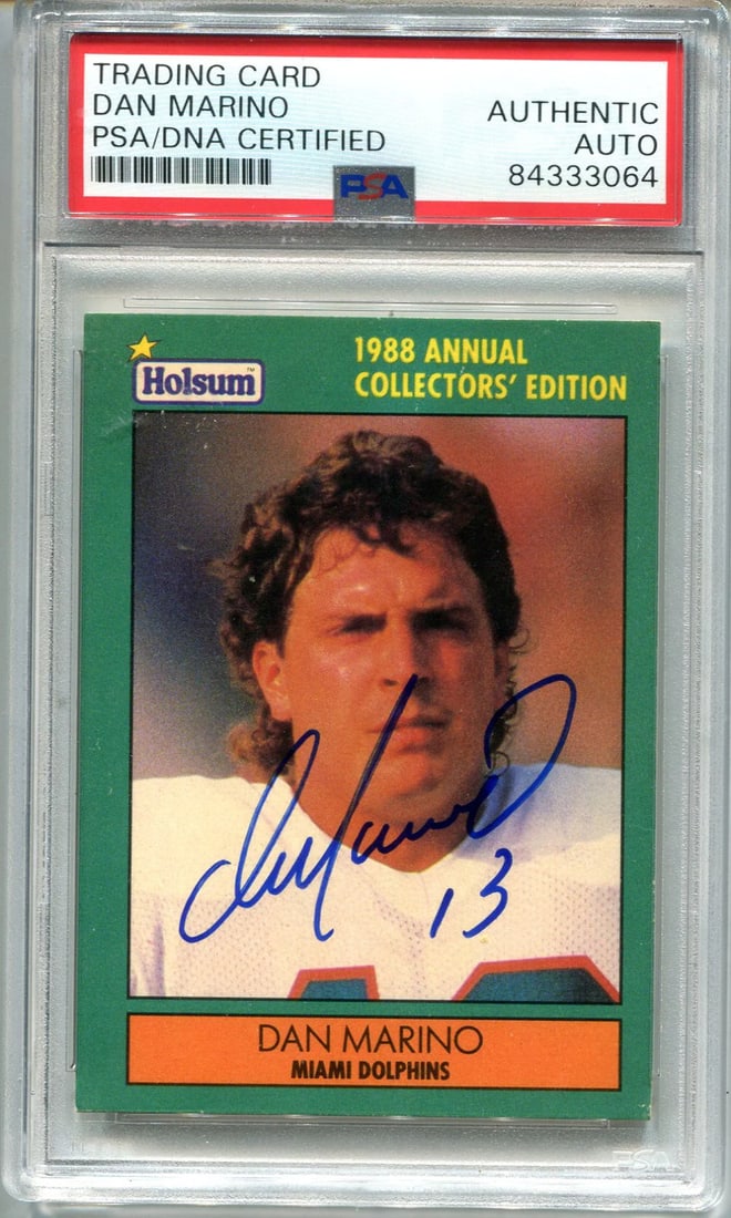 Marino PSA Authentic Card 5 1998 Holsum: Marino PSA Authentic Card 5 1998 Holsum Authentic Dan Marino 1998 Holsum #5 Card. This PSA Authentic card features Dan Marino in his prime, with its unique design and autograph bearing a signature