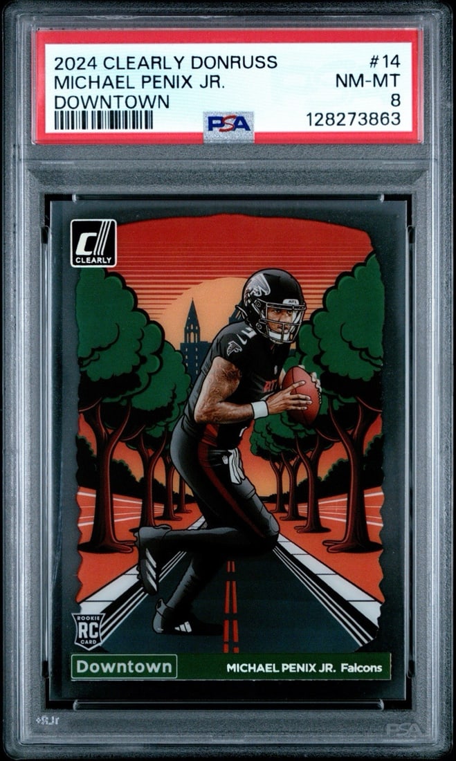 MICHAEL PENIX JR DOWNTOWN DONRUSS 2024 CLEARLY #14 PSA: MICHAEL PENIX JR DOWNTOWN DONRUSS 2024 CLEARLY #14 PSA The 2024 Panini Clearly Donruss Downtown Card #14 features Michael Penix Jr. in his rookie season with the Atlanta Falcons. This card is