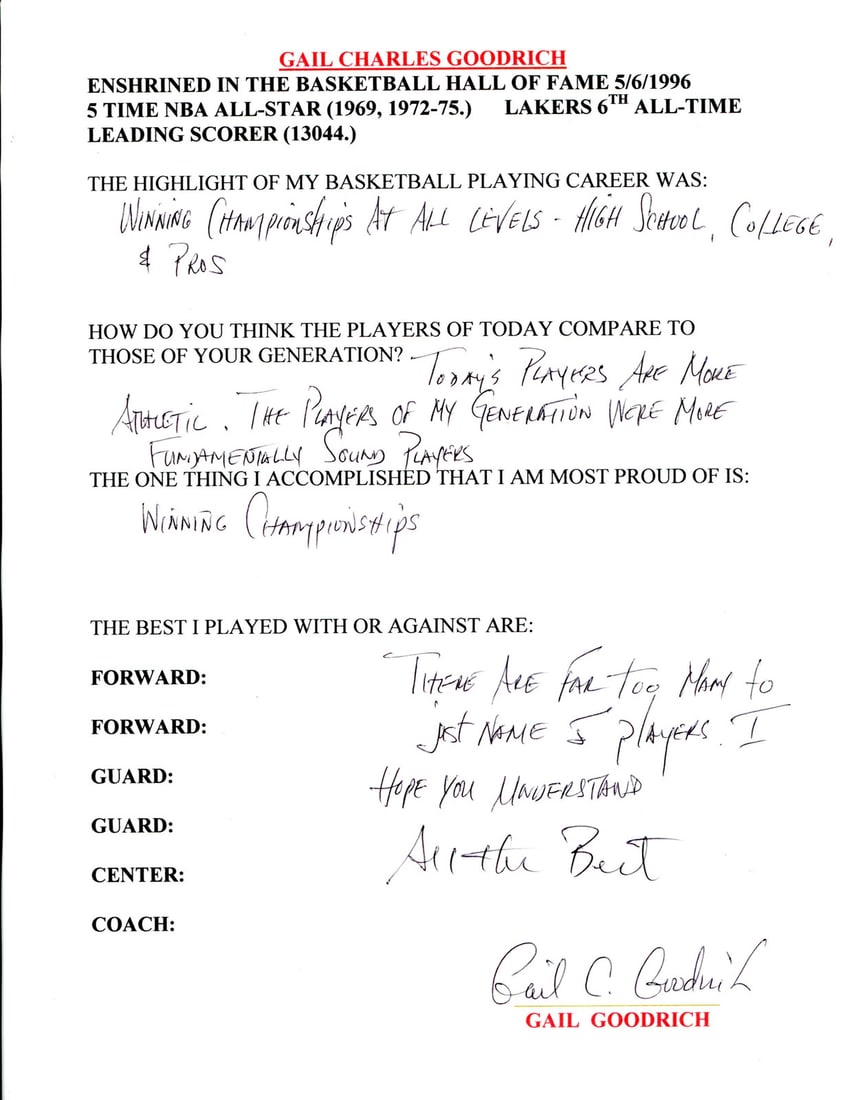Gail Goodrich Autographed Survey Page JSA: Gail Goodrich Autographed Survey Page JSA Exceptional Gail Goodrich Autographed Survey Page available for auction. Review complete item specifications below for detailed information. Item Specifics: B