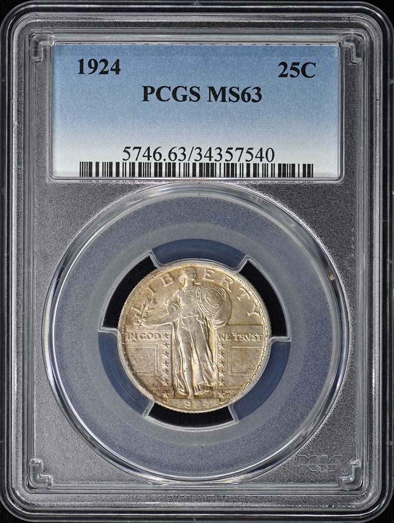 Standing Liberty Quarter 1924-25 PCGS MS63: Standing Liberty Quarter 1924-25 PCGS MS63 The Standing Liberty Quarter 1924-25 PCGS MS63 features a well-defined design with subtle nuances in its circulated state. This uncirculated coin boasts a ri