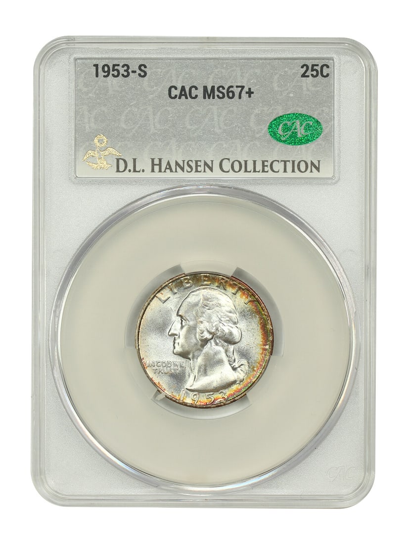 Gem quarter 1953 MS67+ ex D.L. Hansen: Gem quarter 1953 MS67+ ex D.L. Hansen The 1953 MS67+ Gem Quarter is an exceptional example of American numismatics. Certified by CACG as MS67+, this coin boasts a stunning grade of 67 with a high leve