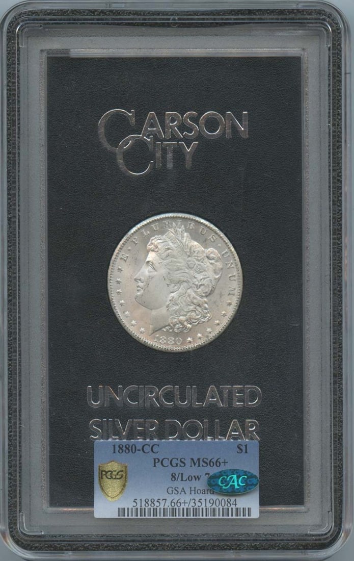 CC Morgan Dollars GSA MS66+ 1880-CC Low 7: CC Morgan Dollars GSA MS66+ 1880-CC Low 7 The CC Morgan Dollar GSA MS66+ 1880-CC Low 7 is a highly graded uncirculated coin featuring a low mintage designation from Carson City. Certified by PCGS as a
