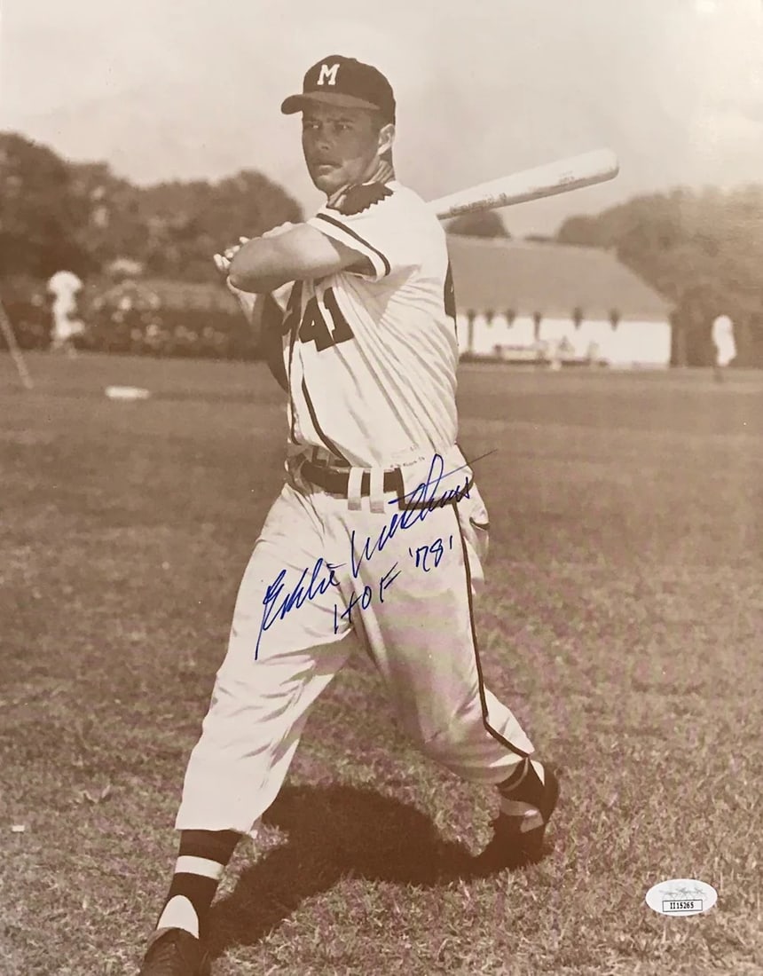 Eddie Mathews HOF 78 Signed 11x14 Photo JSA: Eddie Mathews HOF 78 Signed 11x14 Photo JSA Authentic Eddie Mathews HOF 78 Signed 11x14 Photo from James Spence Authentication (JSA) features a sharpie signature across the front of the photo. Printed