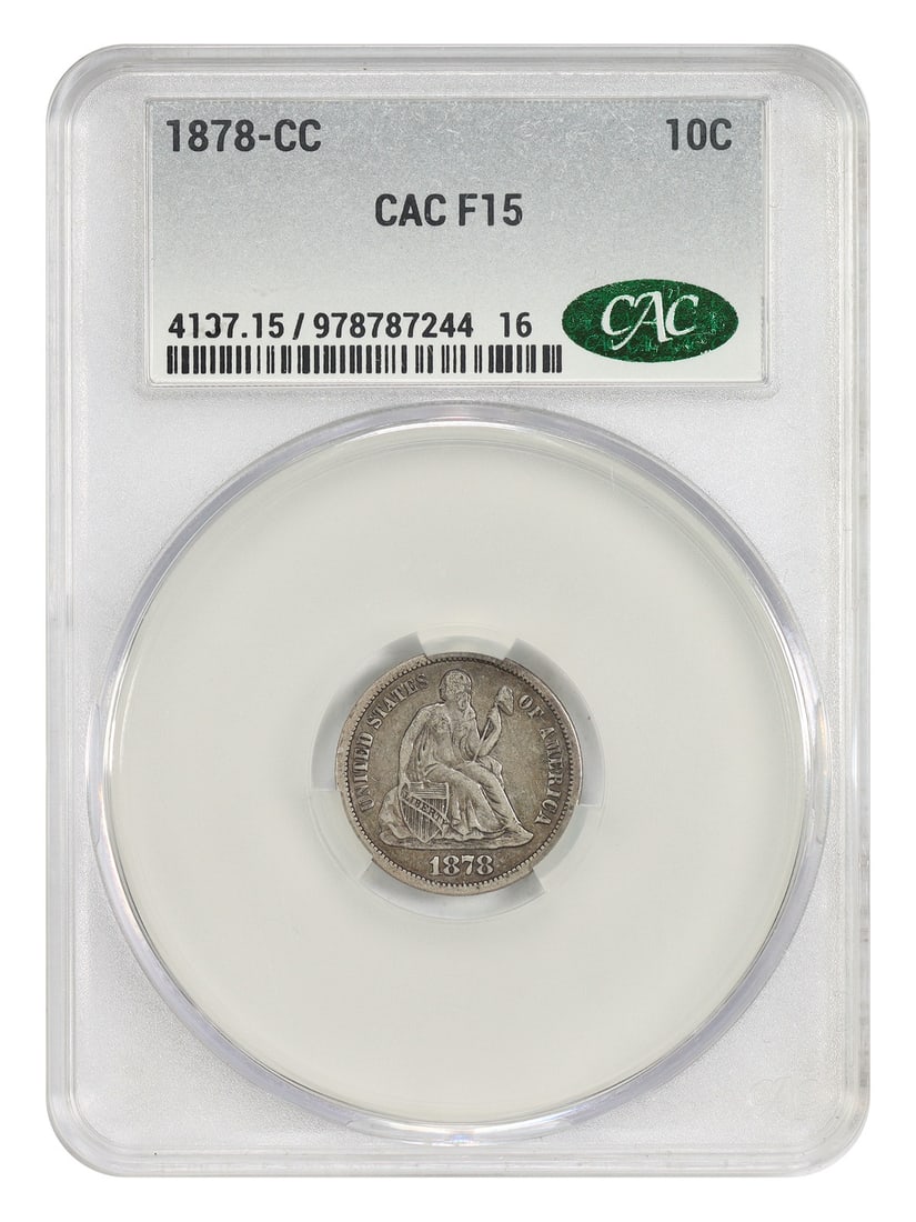 Fine 15 cc mint liberty seated dime: Fine 15 cc mint liberty seated dime The 1878 Liberty Seated Dime features a distinct MS mint strike type, showcasing its well-defined details. Certified by CACG with a grade of 15, this circulated coi