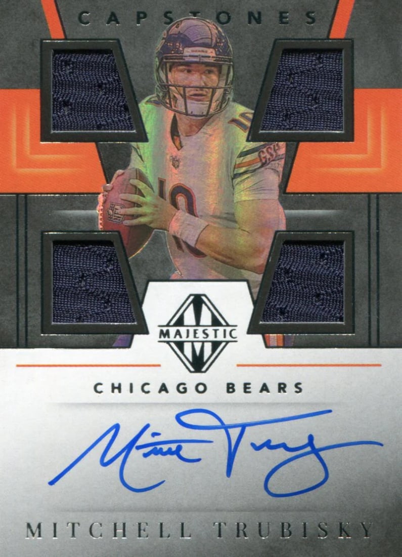 2019 Majestic Quad Trubisky 18/ 35 Autographed Panini Mitchell: 2019 Majestic Quad Trubisky 18/ 35 Autographed Panini Mitchell The 2019 Majestic Quad Trubisky 18/35 Autographed Panini Mitchell card features a rare and unique quad relic design, showcasing four