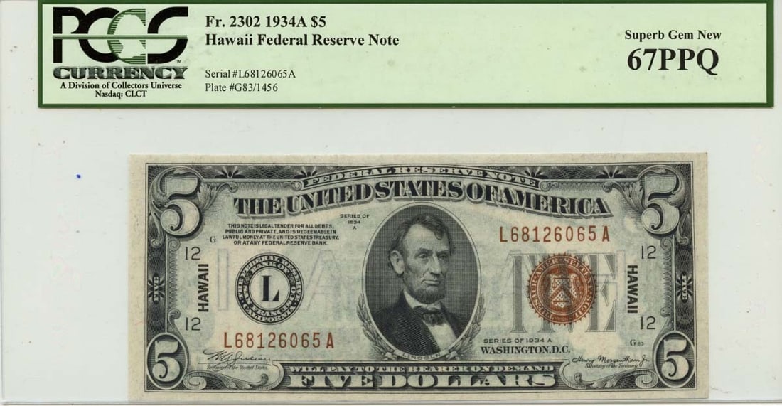 Hawaii $5 WW II Emergency Issue: Hawaii $5 WW II Emergency Issue Uncirculated and graded MS67 by PCGS, this Hawaii $5 WW II Emergency Issue features a unique design designation of PPQ. Brought into circulation in 1934, this note