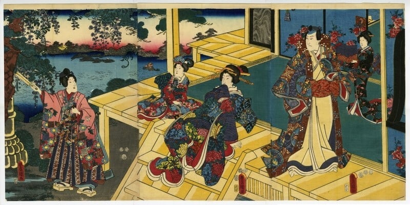 Samurai Hair Kimono Black Veranda Triptych Toyokuni III Japan Antique Woodblock: Samurai Hair Kimono Black Veranda Triptych Toyokuni III Japan Antique Woodblock Samurai Hair Kimono Black Veranda Triptych Toyokuni III Japan Antique Woodblock Print features a striking multi-color