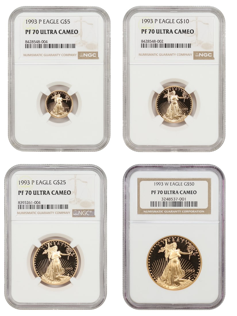 Set of Four 70 Pristine Coins: Set of Four 70 Pristine Coins 70 Pristine Gold Eagle Coins from 1993. Certified by NGC and graded 70, these uncirculated coins showcase exceptional detail and strike quality. In excellent condition,