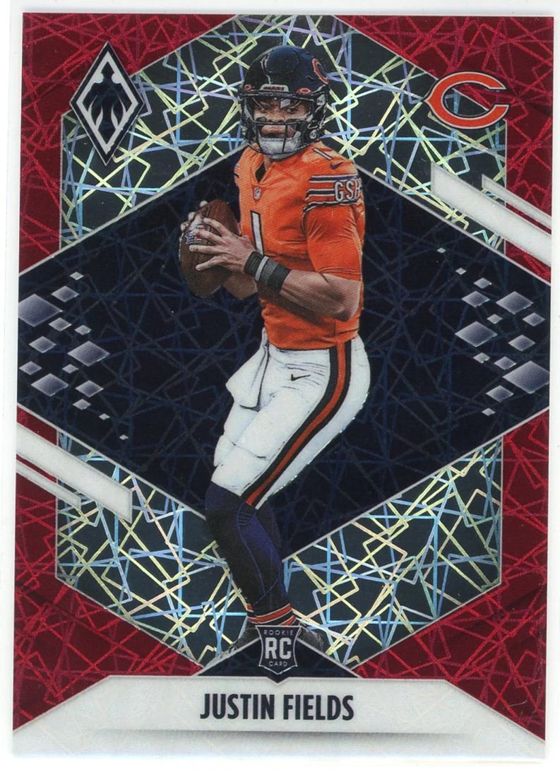 Justin Fields 2021 Panini Phoenix Parallel Card Rookie Number 108: Justin Fields 2021 Panini Phoenix Parallel Card Rookie Number 108 9/285 numbered parallel card of Justin Fields' rookie number in Panini's 2021 Phoenix set. This highly sought-after card showcases