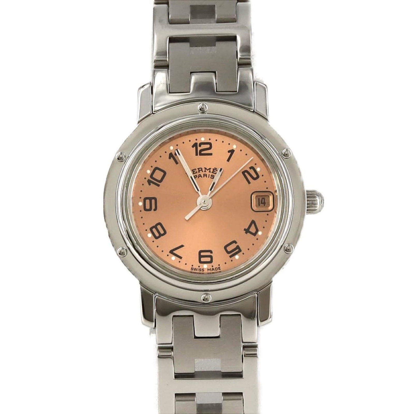 Watch Wrist Hermes: Watch Wrist Hermes Stainless steel case and band add a touch of sophistication to this pink dial watch, a stylish accessory for any occasion. Measuring 24mm in diameter, it fits comfortably on wrists